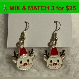 CE09 - Reindeer Wearing Glasses Earrings, Gold-tone, White, Red, Green Painted